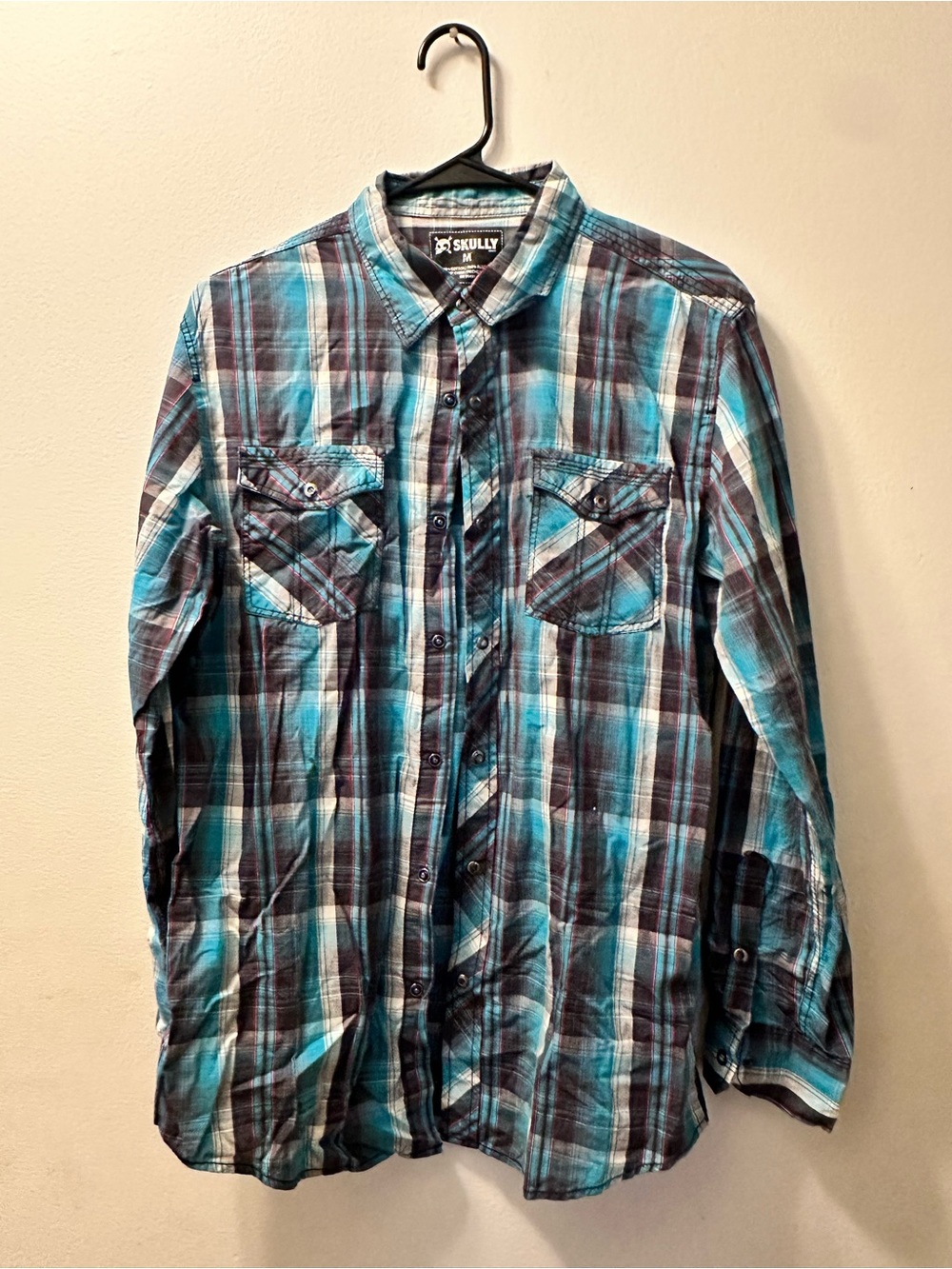 Skully Men's Teal and Gray Plaid Button-Down Shirt